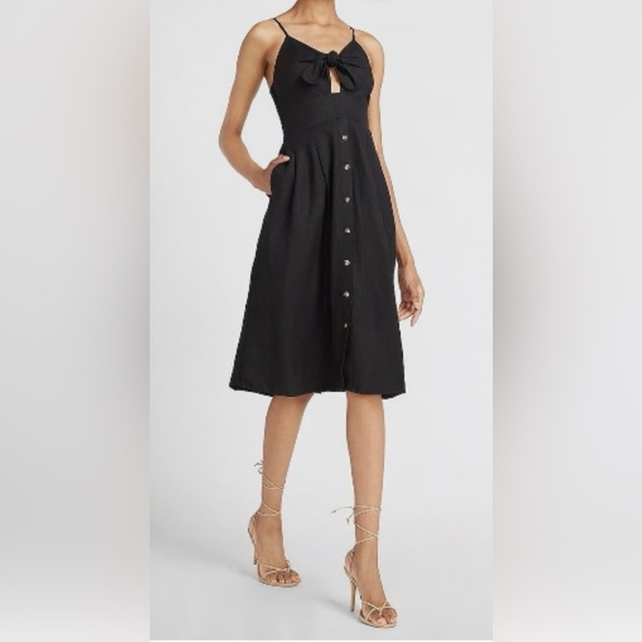 Express Dresses & Skirts - NWT Express Linen Blend Front Tie Smocked Midi Black Dress,Large